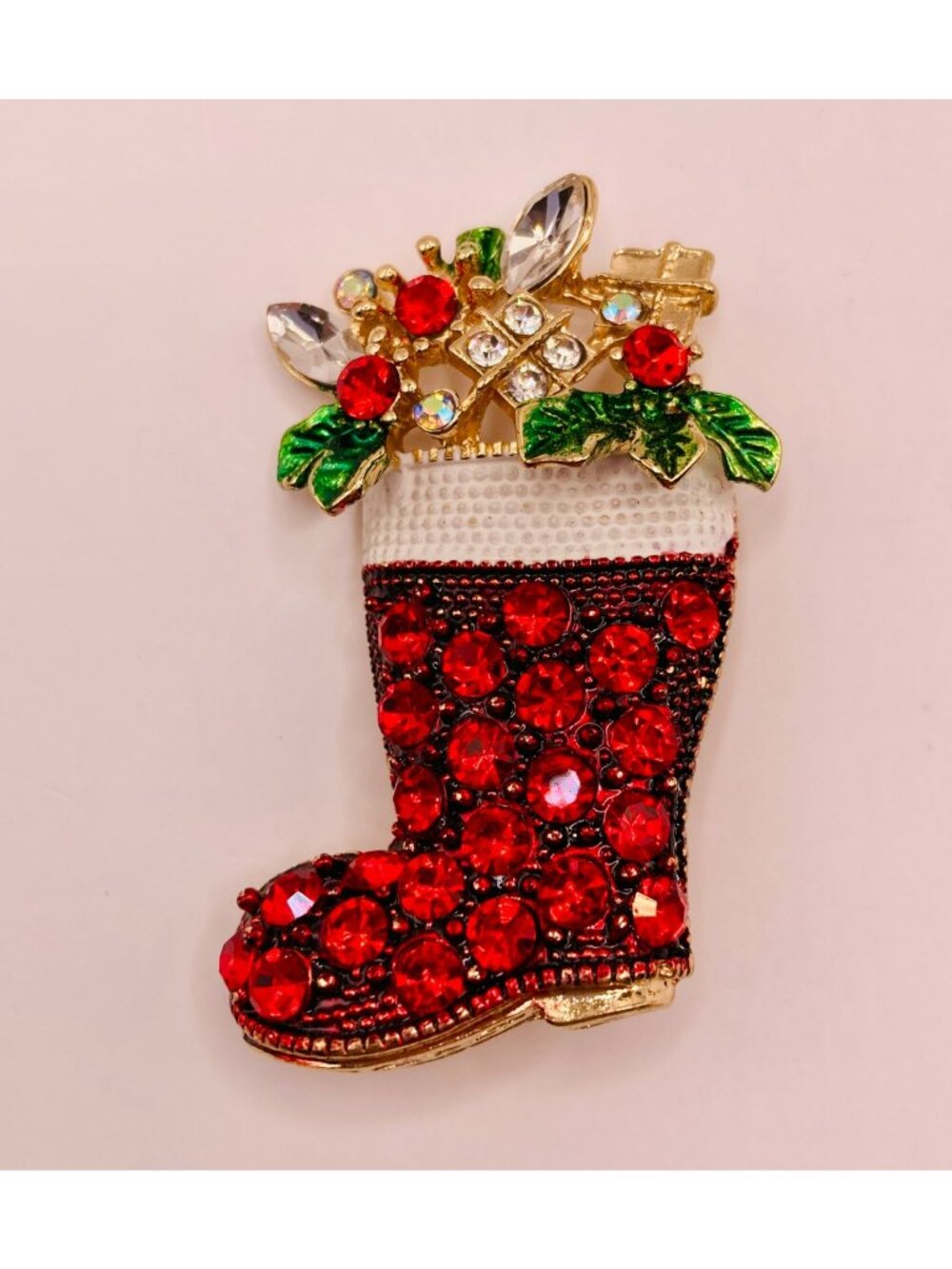 Vintage Holiday Red Rhinestone Christmas Stocking Brooch Pin -27B